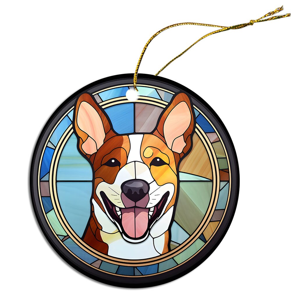 Stained glass style Christmas ornament featuring a Basenji dog breed design, with vibrant colors and an elegant golden string.
